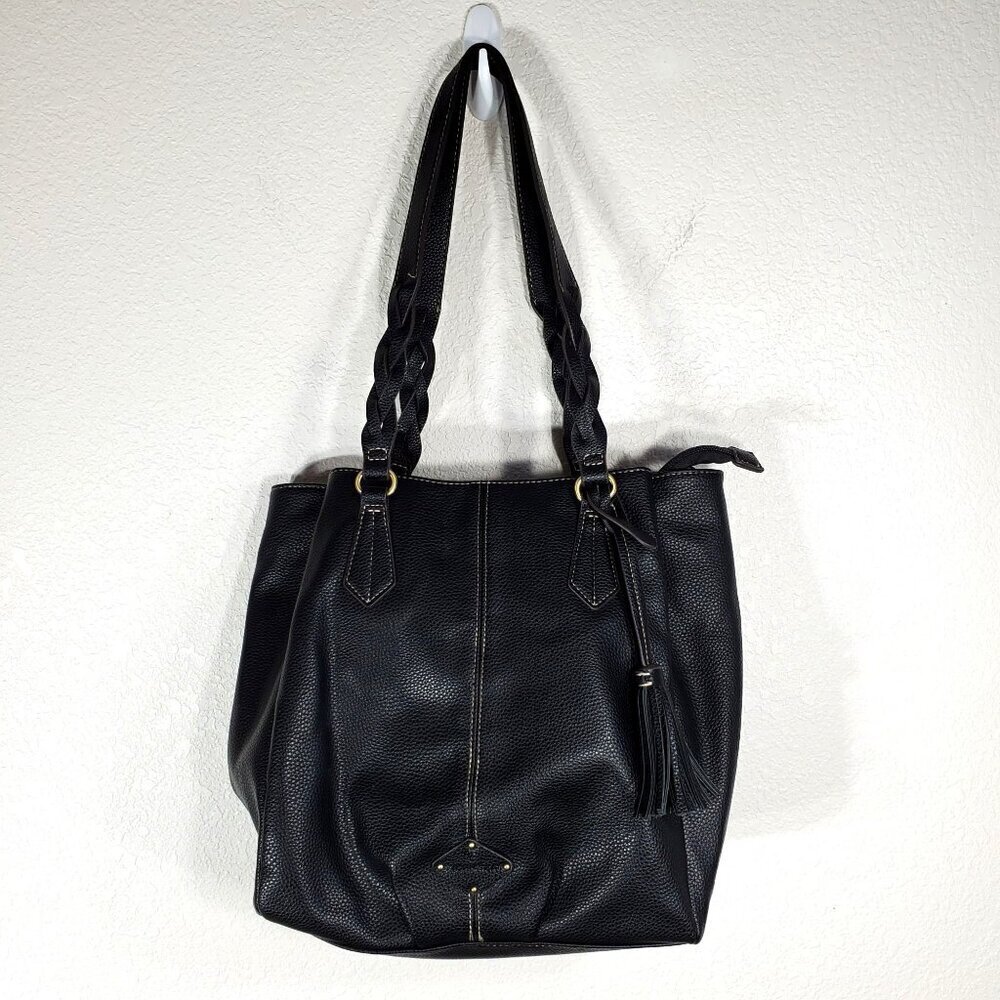 St. Johns Bay Black Faux Leather Tote Bag With Braided Handles & Tassel Accent